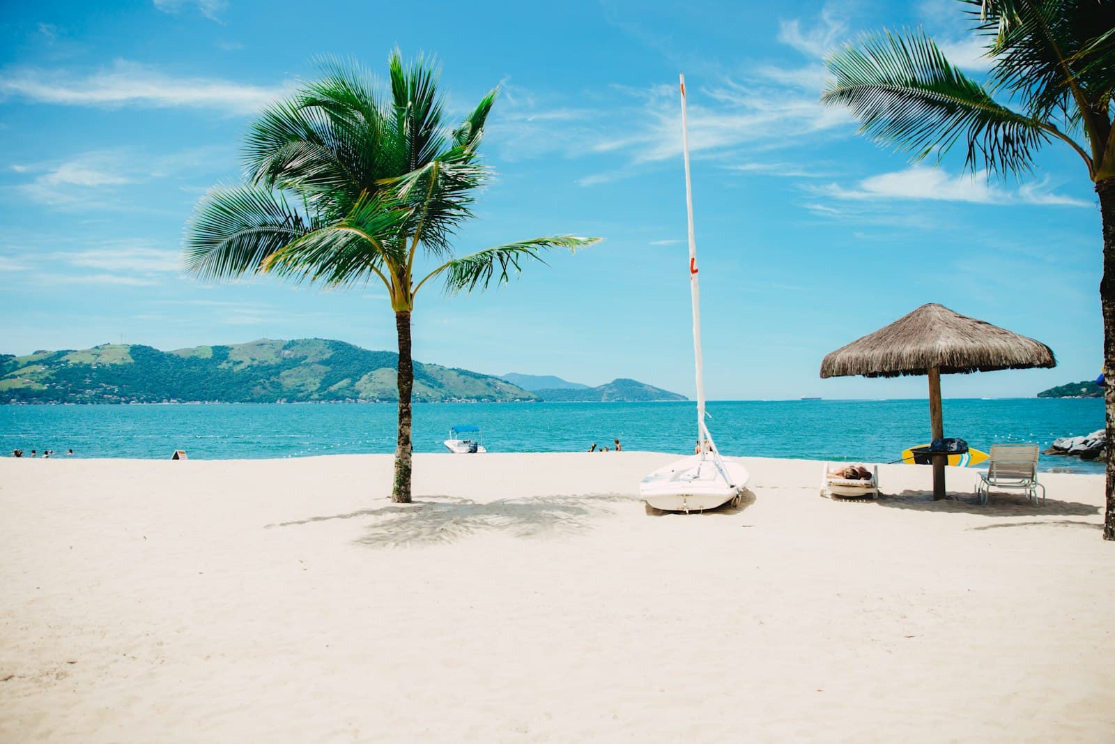 Palm trees and a thatched umbrella on a white-sand beach